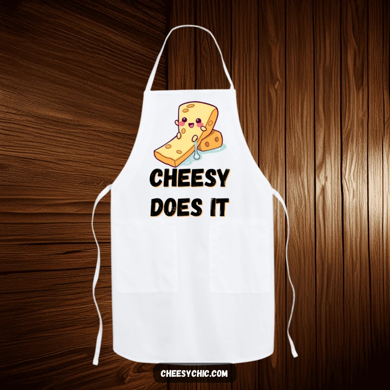 Funny Apron displaying a cheerful cheese slice character sliding down a cracker waterslide, a humorous kitchen essential.