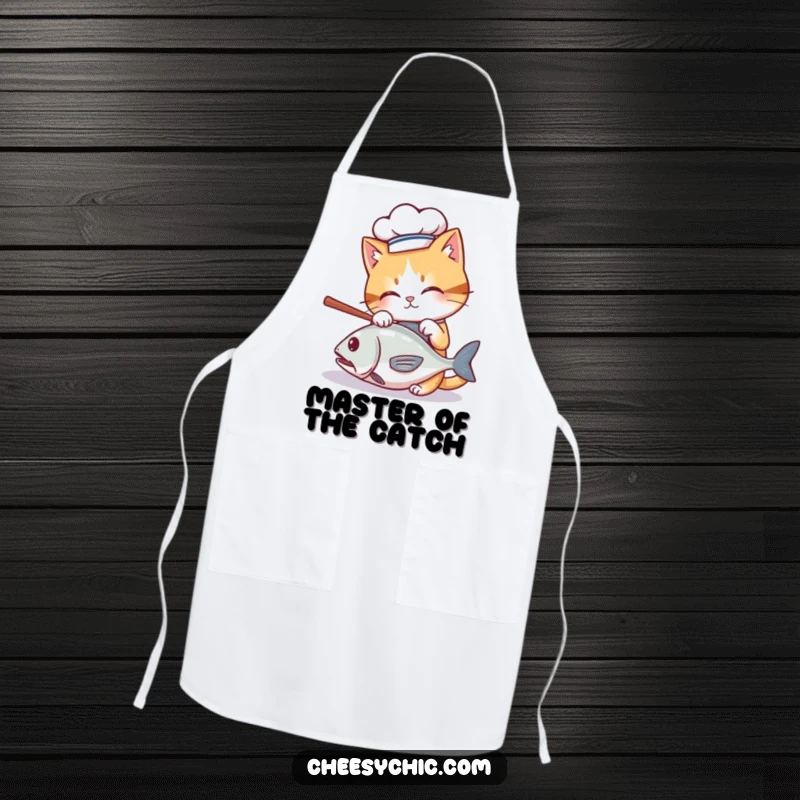 Funny apron with a cute cat wearing a chef hat, batting at a rolling fish, humorous kitchen wear.