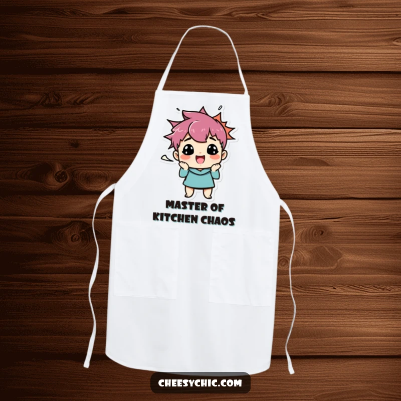 Funny apron displaying a small, stylized character with a dramatically funny face and a bold speech bubble expressing its culinary comedy.
