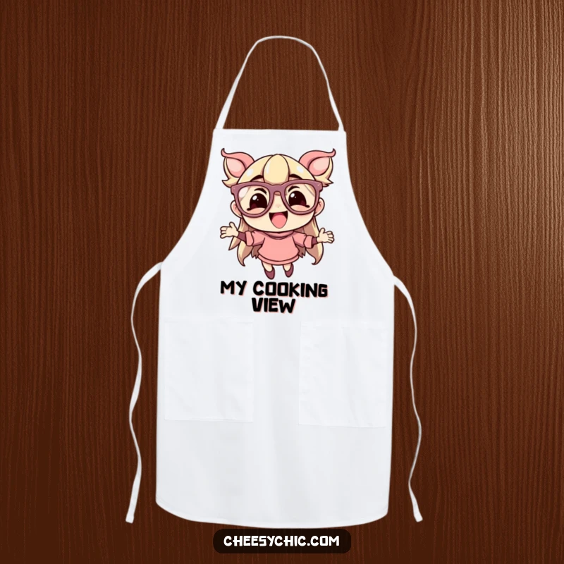 Funny apron with a character in oversized, flamboyant glasses, joyfully leaping, adding flair and humor to kitchen duties.