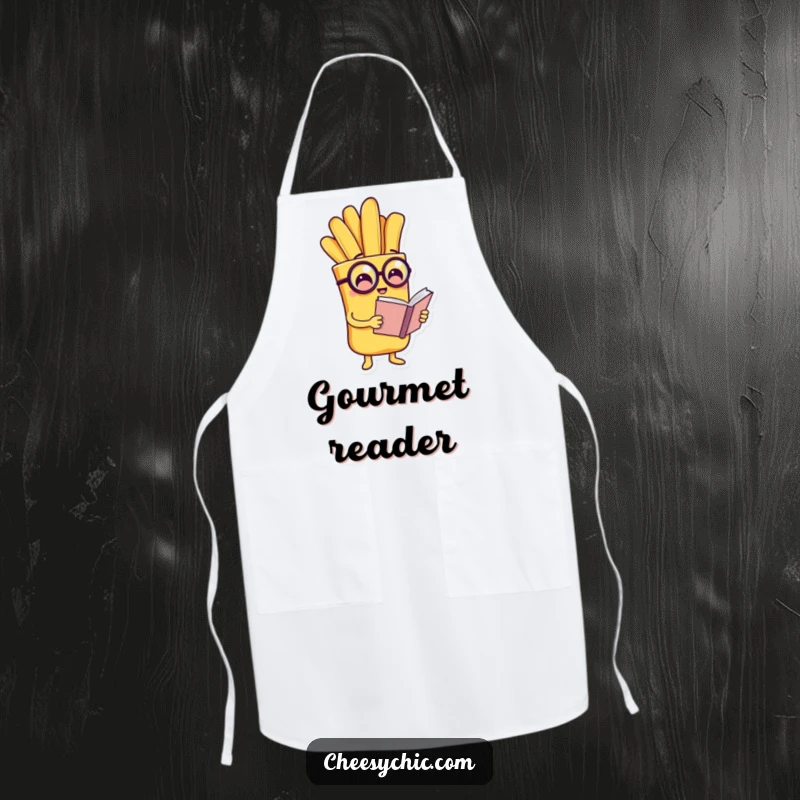 Funny apron showing a charming anthropomorphic french fry wearing a monocle and reading a tiny book, ready for kitchen studies.