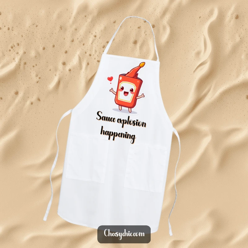Funny apron showcasing a happy anthropomorphic ketchup packet in the midst of a joyful burst, ready for culinary fun.