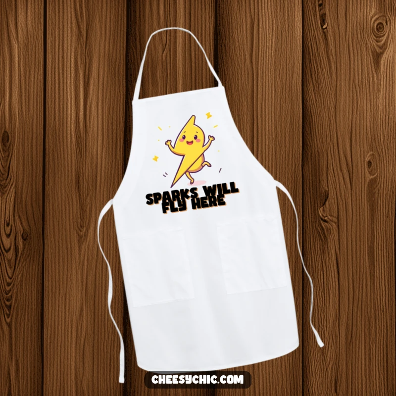 Funny Apron featuring a happy lightning bolt performing a cartwheel, perfect for a high-energy cooking experience.