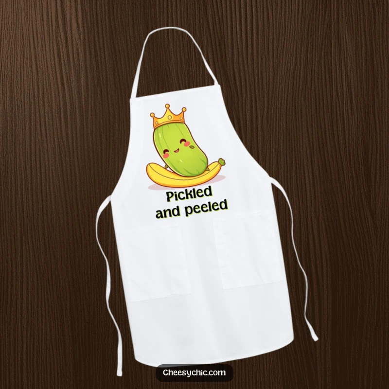 Funny apron featuring a cartoon pickle with a crown, hilariously slipping on a banana peel, a comical kitchen essential.