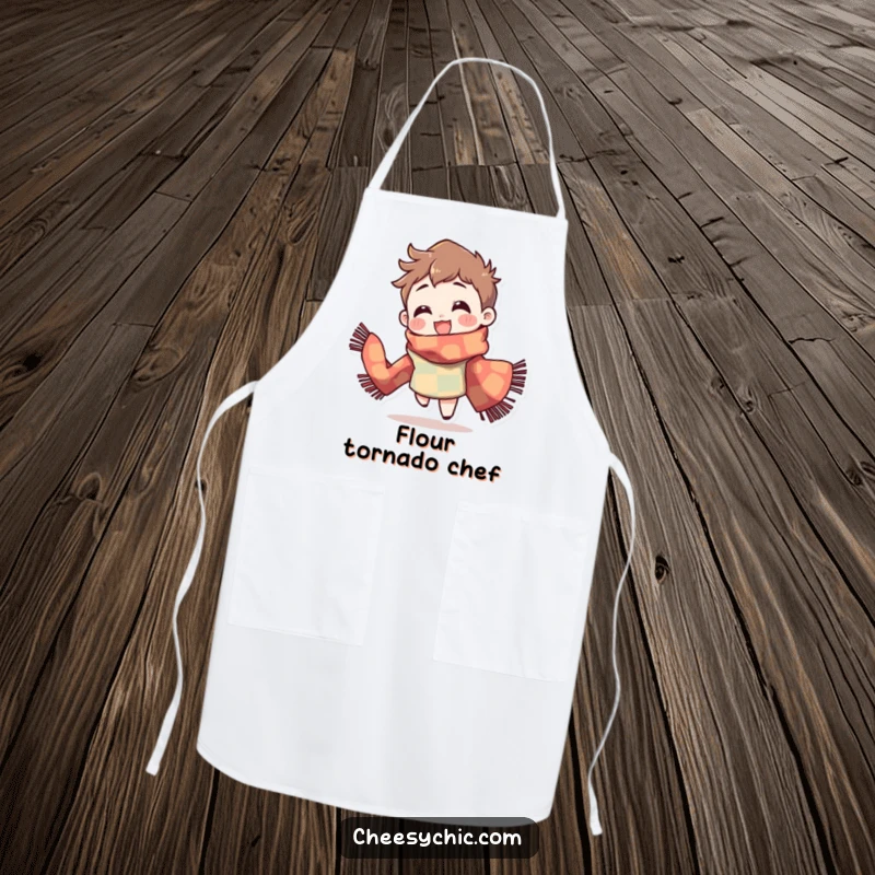 Funny Apron: Character wearing a brightly patterned scarf, spinning with delight, humorous and practical.