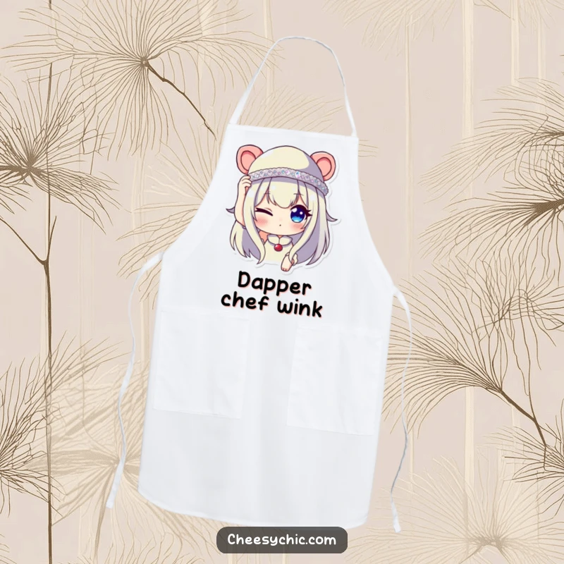 Funny apron with a character winking while adjusting a tiny, sequined hat, perfect for kitchen duties with charm and humor.