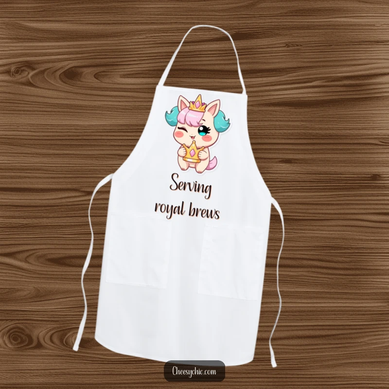Funny apron showcasing a stylized character winking mischievously, a tiny crown held proudly, ready to add humor to any cooking task.