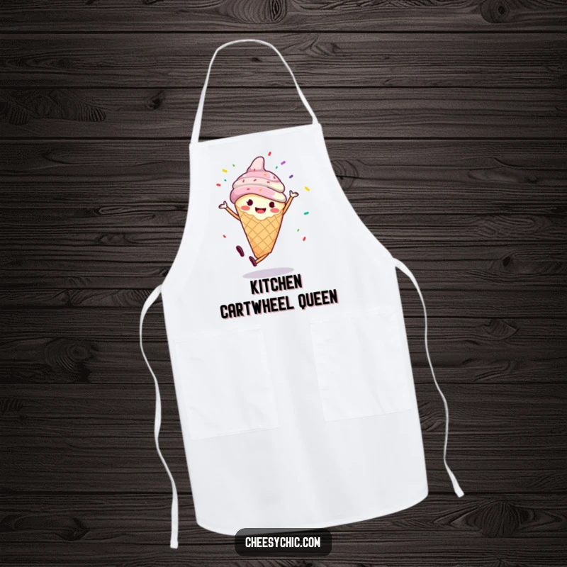 Funny apron depicting a smiling anthropomorphic ice cream cone performing a cartwheel with sprinkles flying, a sweet and practical kitchen accessory.
