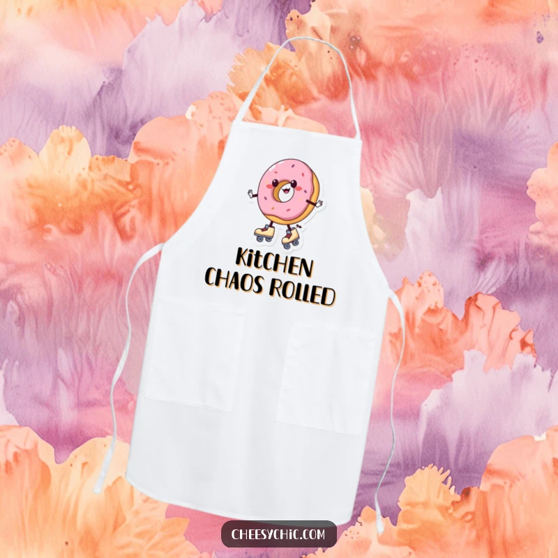 Funny apron depicting a charming anthropomorphic donut wearing roller skates and wobbling, a sweet and practical kitchen accessory.