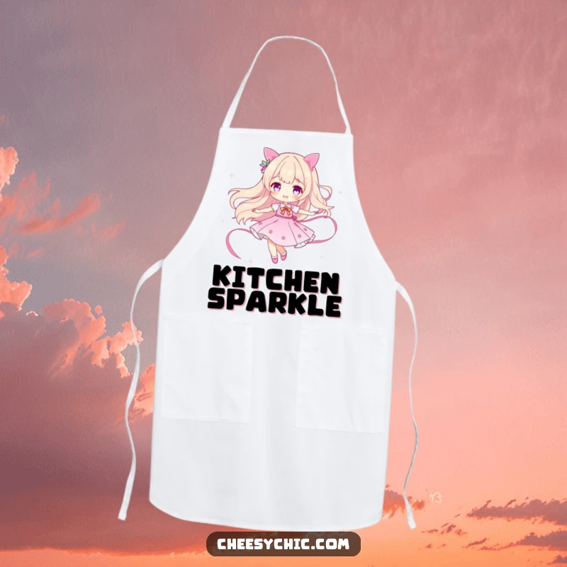 Funny apron showing a character twirling with a ribbon of sparkle, perfect for a humorous and glamorous cooking experience.