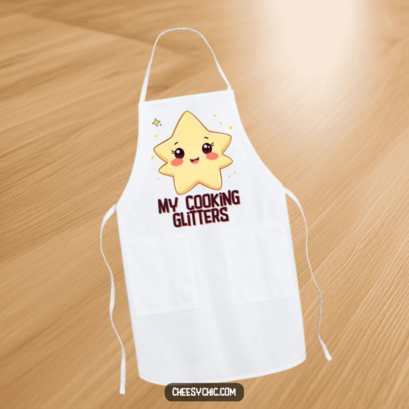 Funny apron featuring a happy star character gleefully tossing a shower of glitter, perfect for playful cooking and baking sessions.
