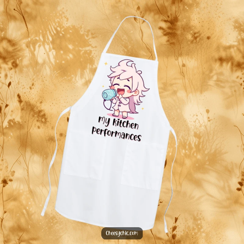 Funny apron of a character singing dramatically into a large, glittery microphone, ready to spice up any cooking session.