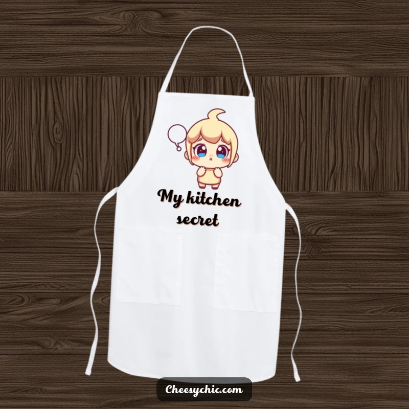 Funny apron with a small stylized character experiencing wide-eyed surprise and a popping speech bubble, ideal for a humorous kitchen.