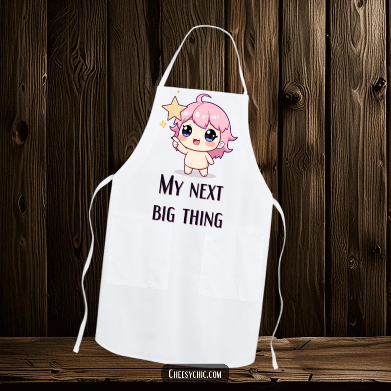 Funny apron showing a happy character pointing at a big, sparkling star, perfect for a humorous kitchen atmosphere.