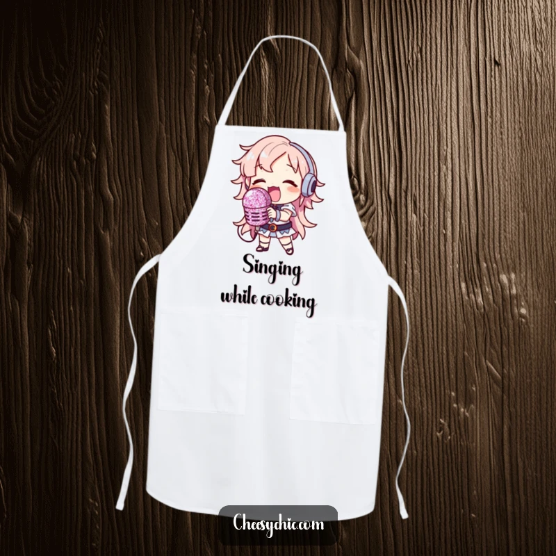Funny Apron: Character holding a huge glitter microphone, singing loudly, humorous and practical kitchen wear.