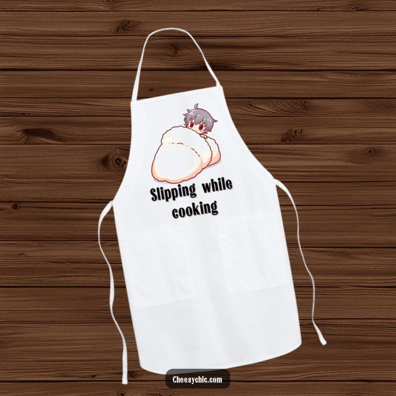 Funny stylized character tripping over a giant fluffy slipper, a humorous and comical apron.