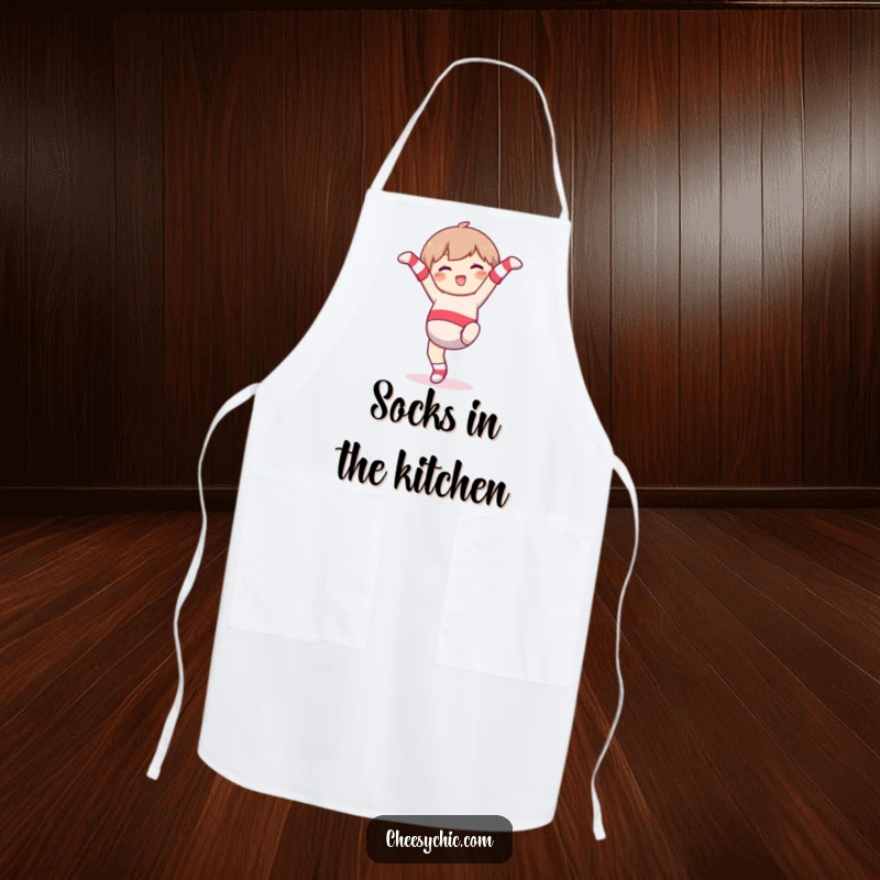 Funny Apron: Character in mismatched socks, doing a cartwheel with glee, humorous and practical kitchen wear.