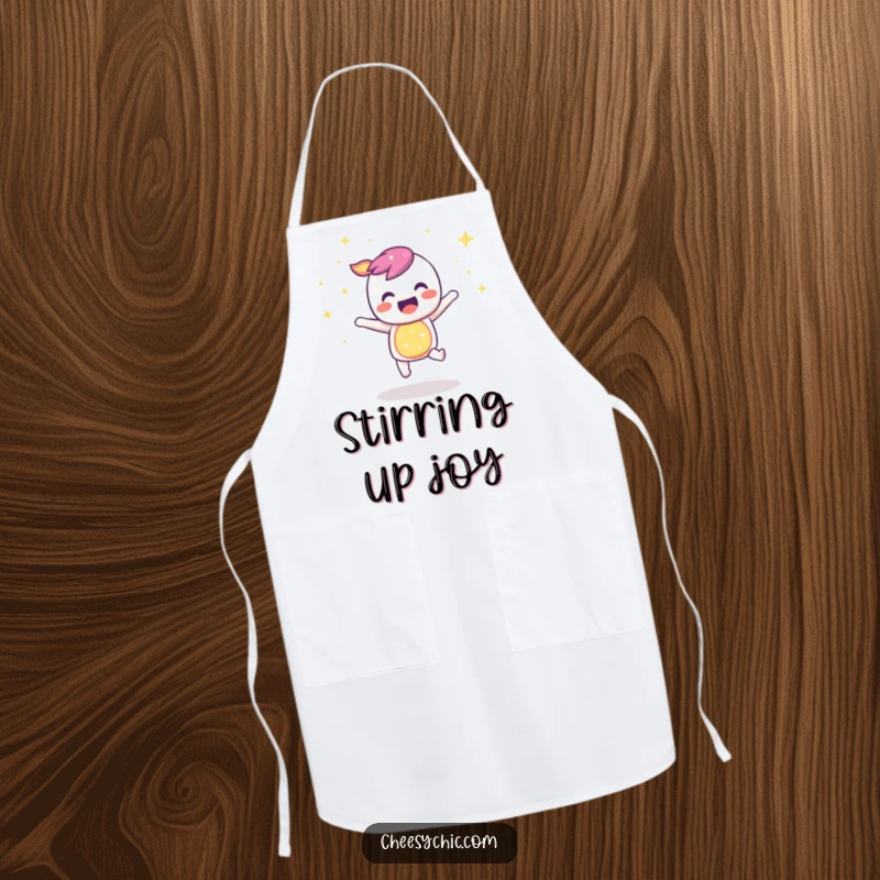 Funny apron featuring a sparkly rainbow character bouncing with infectious joy, ideal for playful cooking and baking.