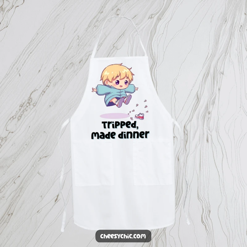 Funny Apron: Character tripping playfully, with a cascade of tiny, shiny shoes, a humorous and practical kitchen accessory.