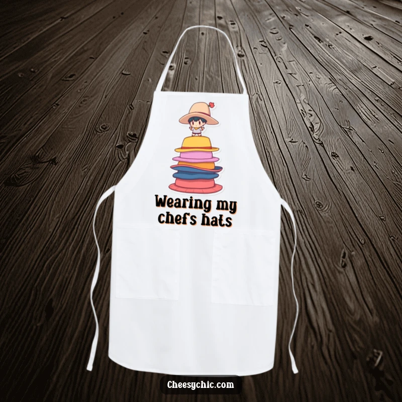 Funny Apron showing a small stylized character balancing on a precarious stack of oversized hats, ready to cook.