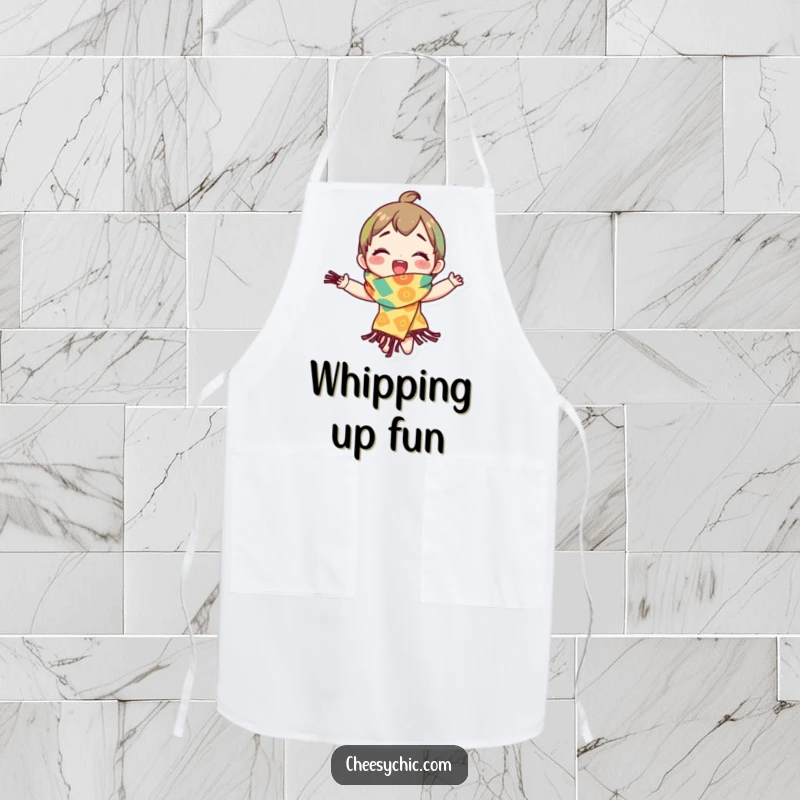 Funny apron showing a character spinning with delight in a brightly patterned scarf, perfect for a joyful cooking experience.