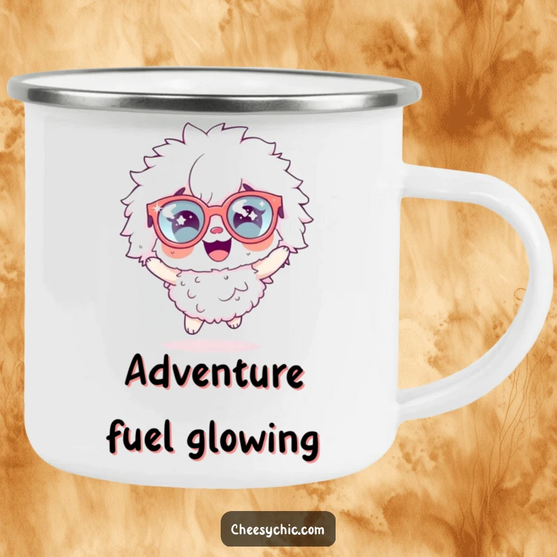 Funny camping mug showing a fluffy character with oversized sparkly glasses joyfully hopping, ideal for outdoor adventures and cheerful drinks.