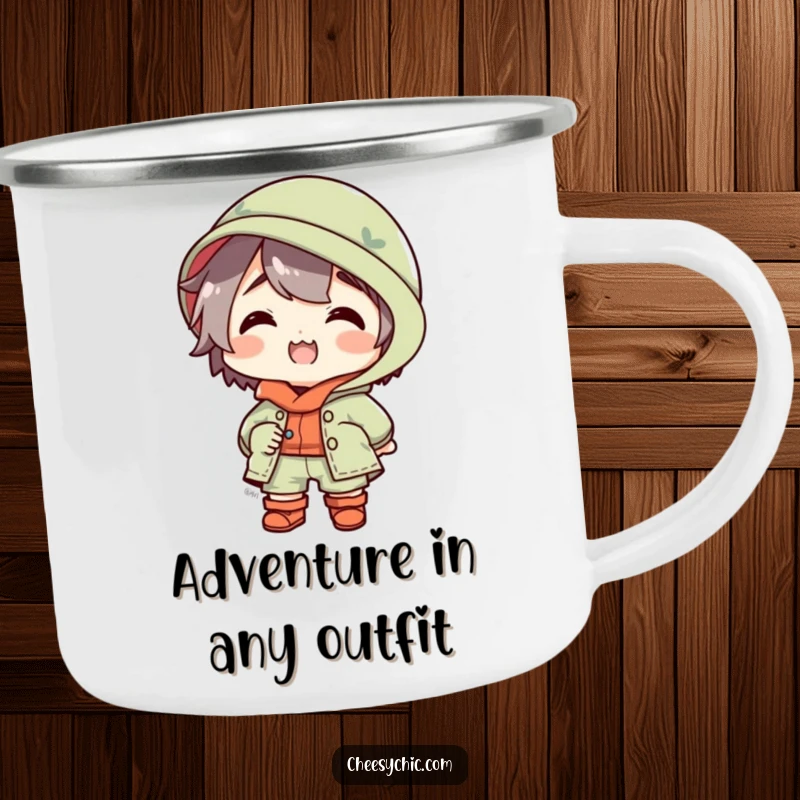 Funny camping mug featuring a small stylized character in a spectacularly mismatched outfit, looking utterly delighted, ready for the great outdoors.