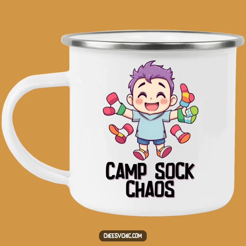 Funny Sock Juggling Character Camping Mug - Grinning Campfire Companion