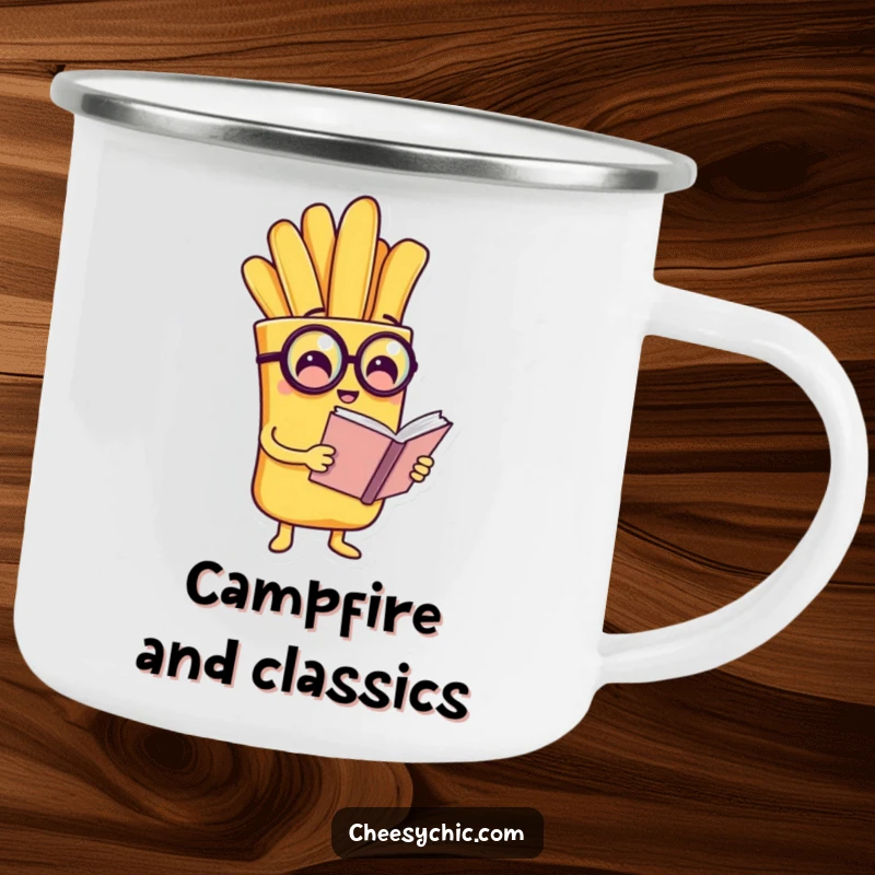 Funny camping mug with a charming anthropomorphic french fry wearing a monocle and reading a tiny book, ready for outdoor learning.