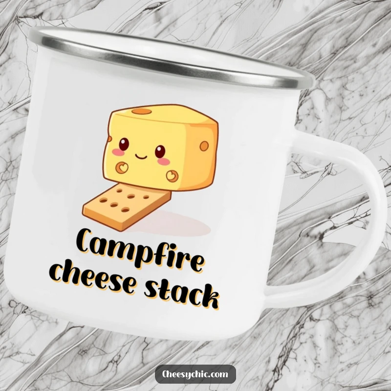 Funny enamel camping mug with a wobbly block of cheese attempting to balance on a tiny cracker, perfect for outdoor snack lovers.