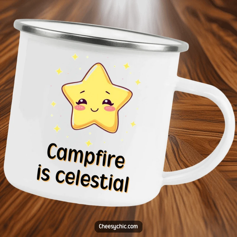 Funny Camping Mug featuring a giggling star raining tiny sparkles, perfect for enjoying drinks during outdoor adventures.