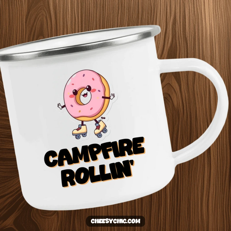 Funny camping mug with a charming anthropomorphic donut wearing roller skates and wobbling, perfect for outdoor adventures and humor.