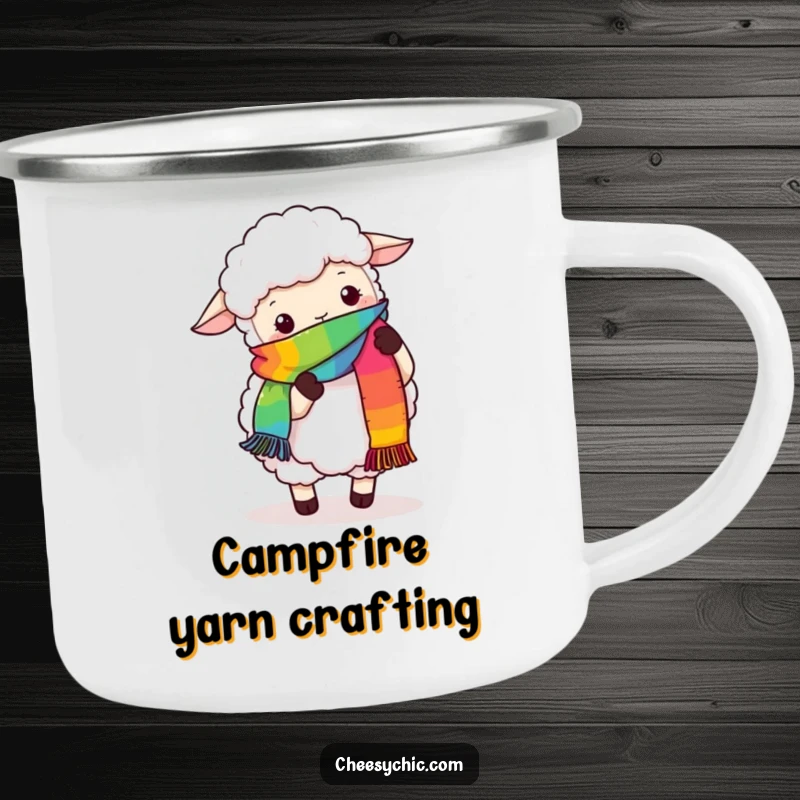 Funny enamel camping mug with a fluffy sheep hilariously attempting to knit a rainbow scarf with its hooves, perfect for outdoor adventures.