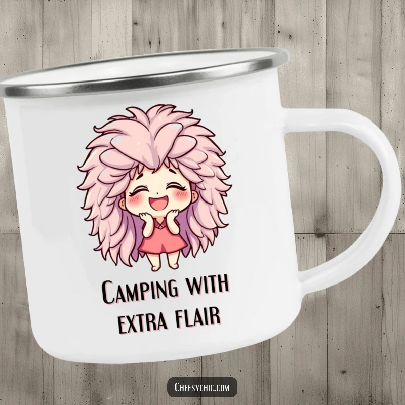 Funny camping mug featuring a small stylized character giggling uncontrollably while wearing a giant, fluffy wig, ready for the great outdoors.
