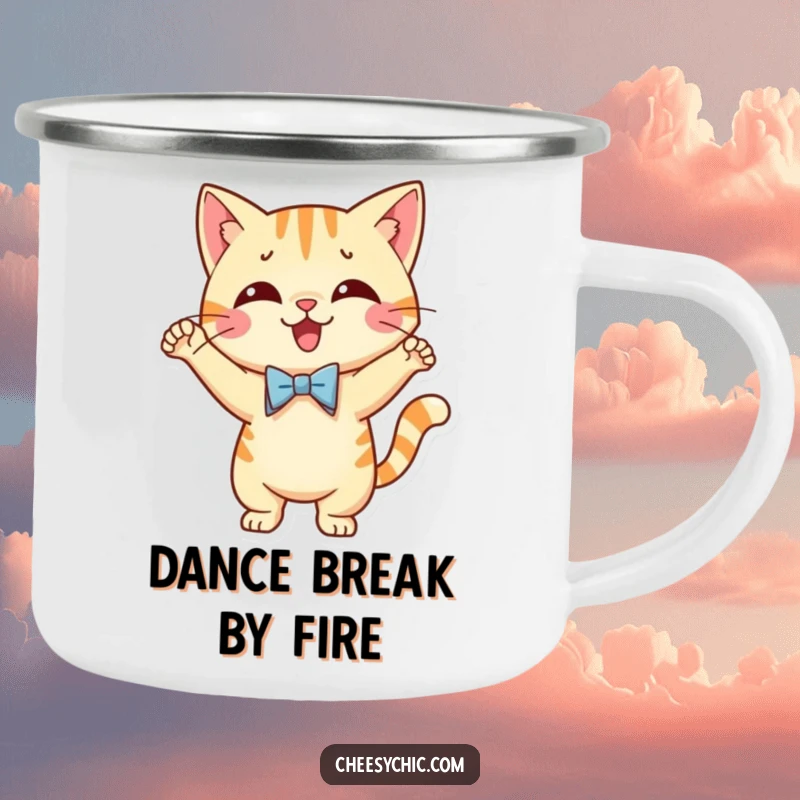 Funny camping mug illustrating a cute cat character in a bow tie, performing a silly dance, ready for adventure.