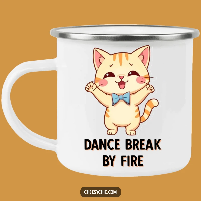 Funny Dancing Cat Bow Tie Camping Mug - Adventure Fuelled by Feline Fun