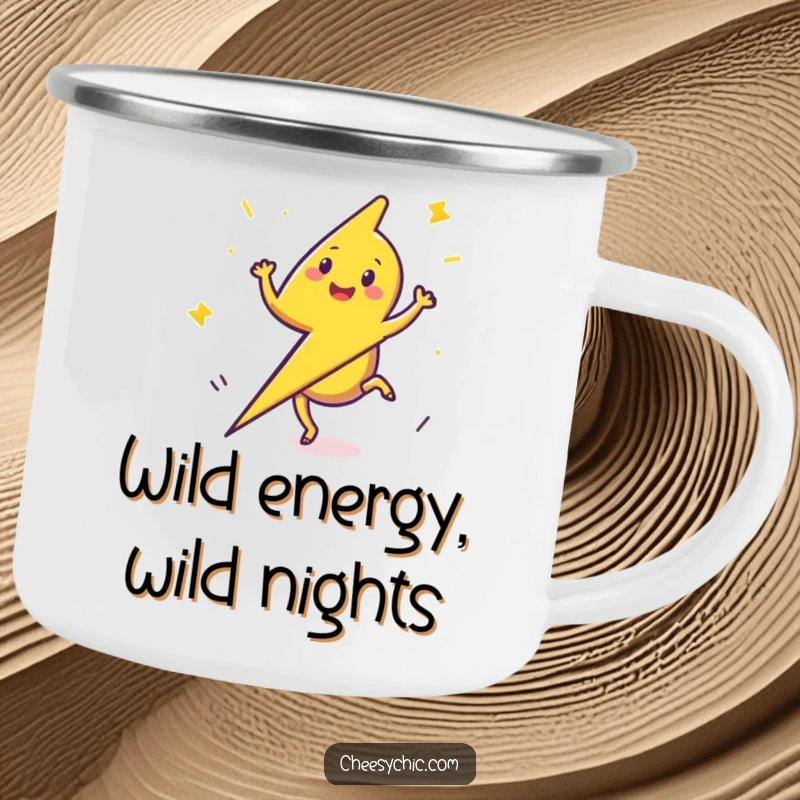 Funny Camping Mug featuring a happy lightning bolt performing a cartwheel, perfect for enjoying drinks during outdoor adventures.