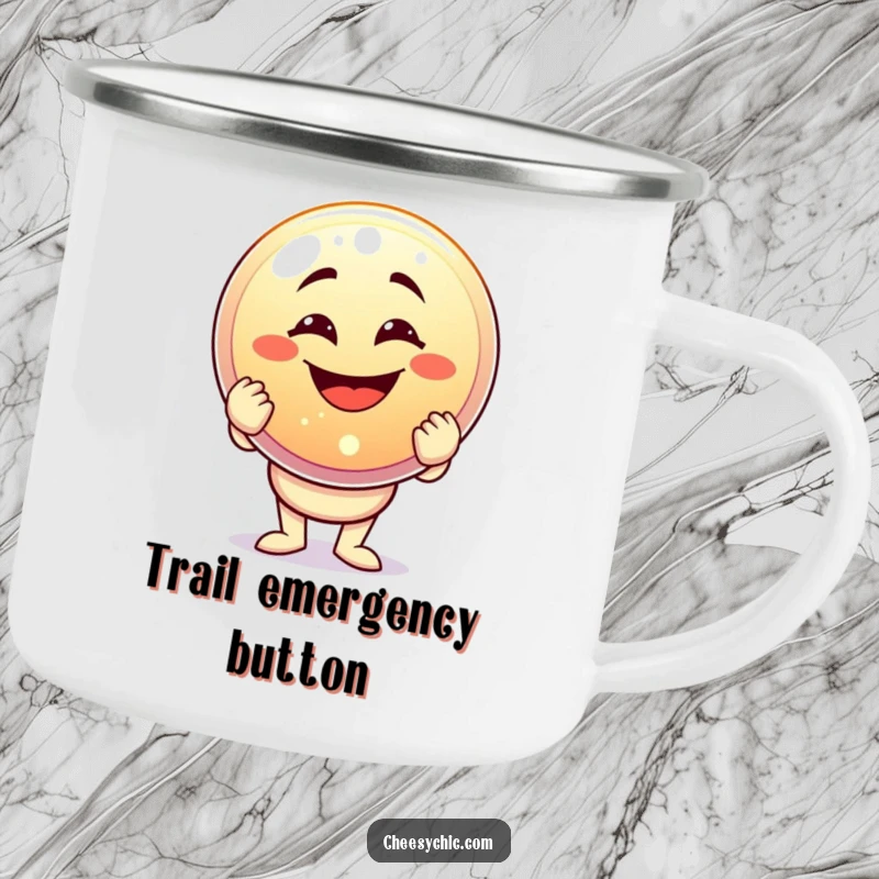 Funny camping mug featuring a character with a goofy grin holding a giant sparkling button, ideal for outdoor enthusiasts with humor.