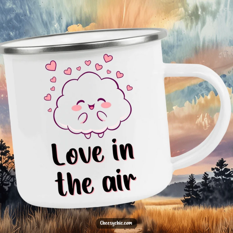 Funny camping mug showcasing a giggling cloud character raining a gentle shower of tiny hearts, perfect for outdoorsy romantics.