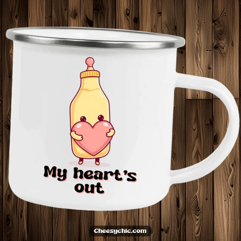 Funny camping mug featuring a smiling anthropomorphic condiment bottle energetically squeezing out a large heart, ideal for campfire stories.