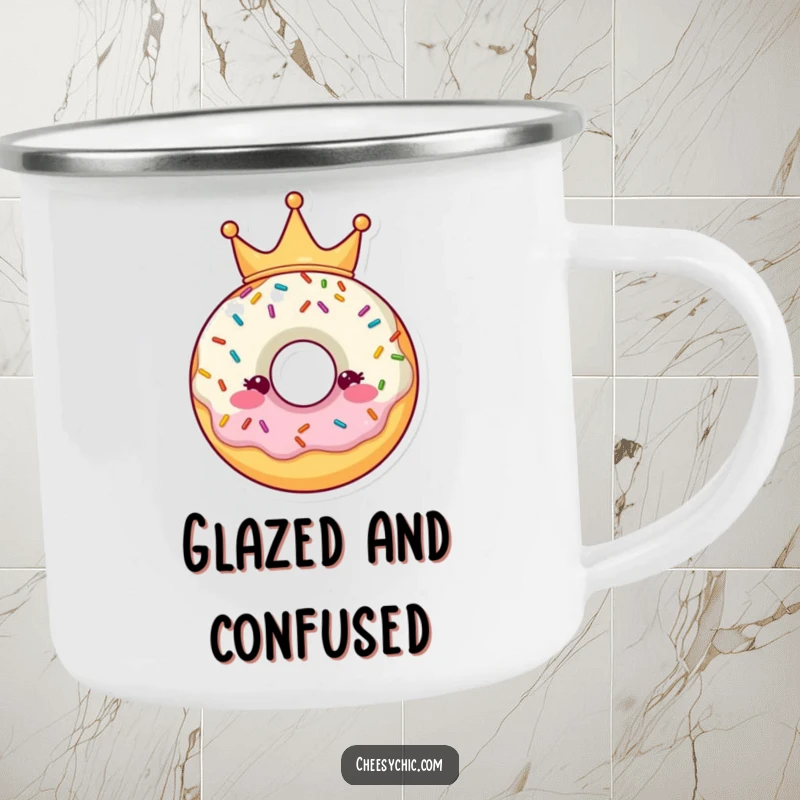 Funny Camping Mug featuring a donut character with a sprinkle crown, perfect for sweet-hearted adventurers outdoors.