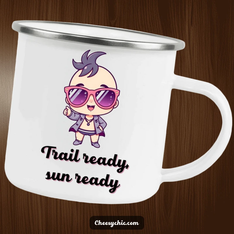 Funny Camping Mug with a small stylized character wearing large sparkly sunglasses, projecting a confident and adventurous vibe.
