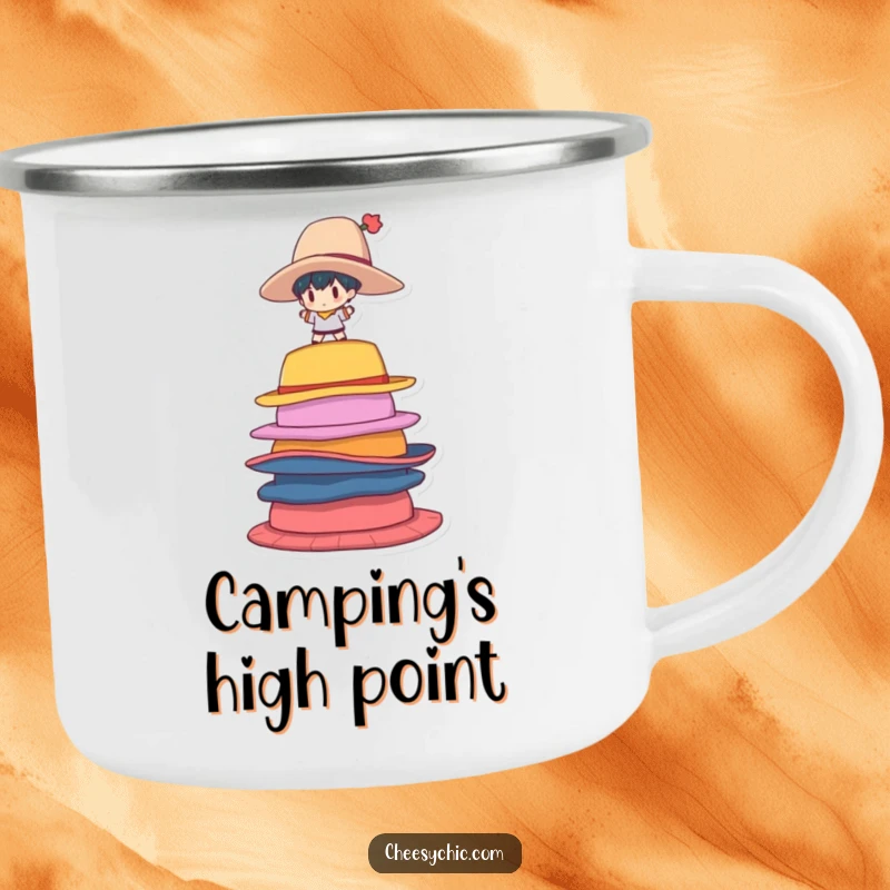 Funny Camping Mug with a small stylized character balancing on a wobbly stack of large, colorful hats.