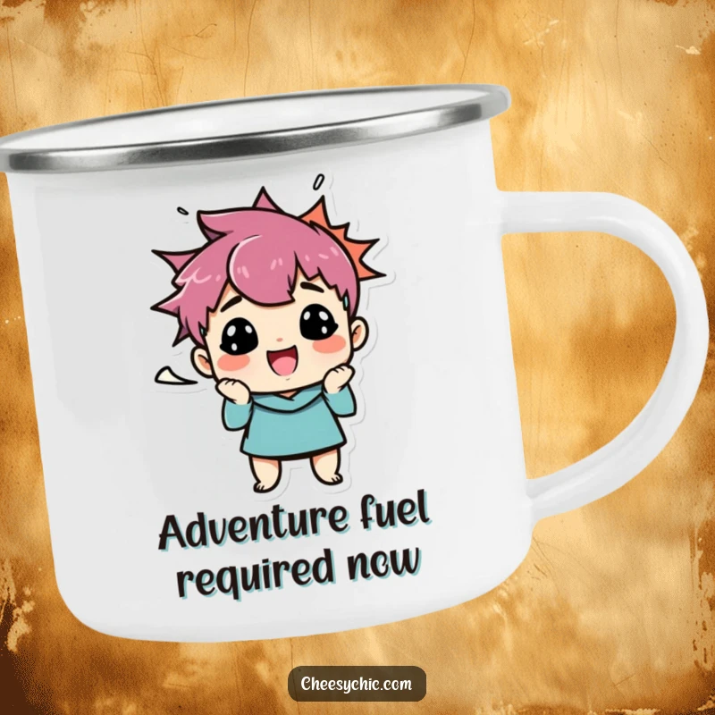 Funny camping mug featuring a small, stylized character with a wonderfully funny face, complete with a funny speech bubble for campfire tales.