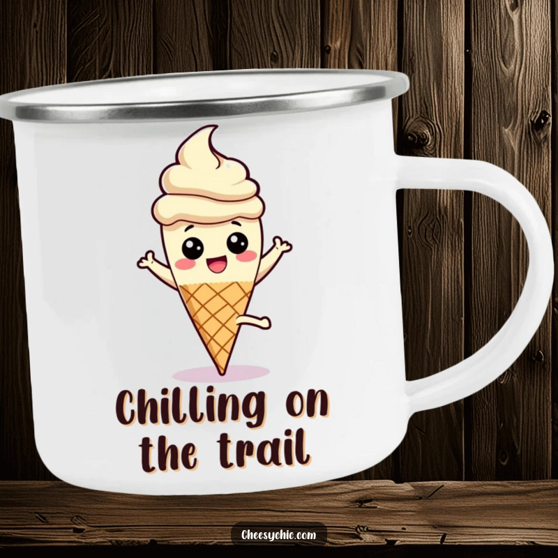 Funny camping mug showcasing a happy ice cream cone doing a cartwheel with its stick pointed high, perfect for outdoor fun.