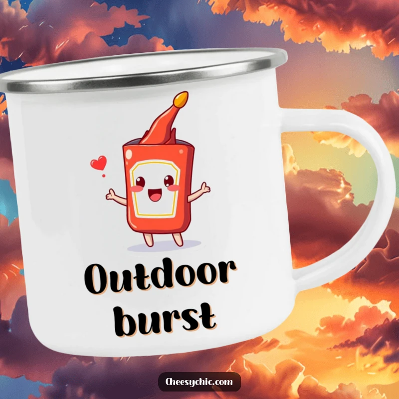 Funny camping mug with a happy anthropomorphic ketchup packet joyfully bursting, ideal for outdoor meals and cheerful sips.