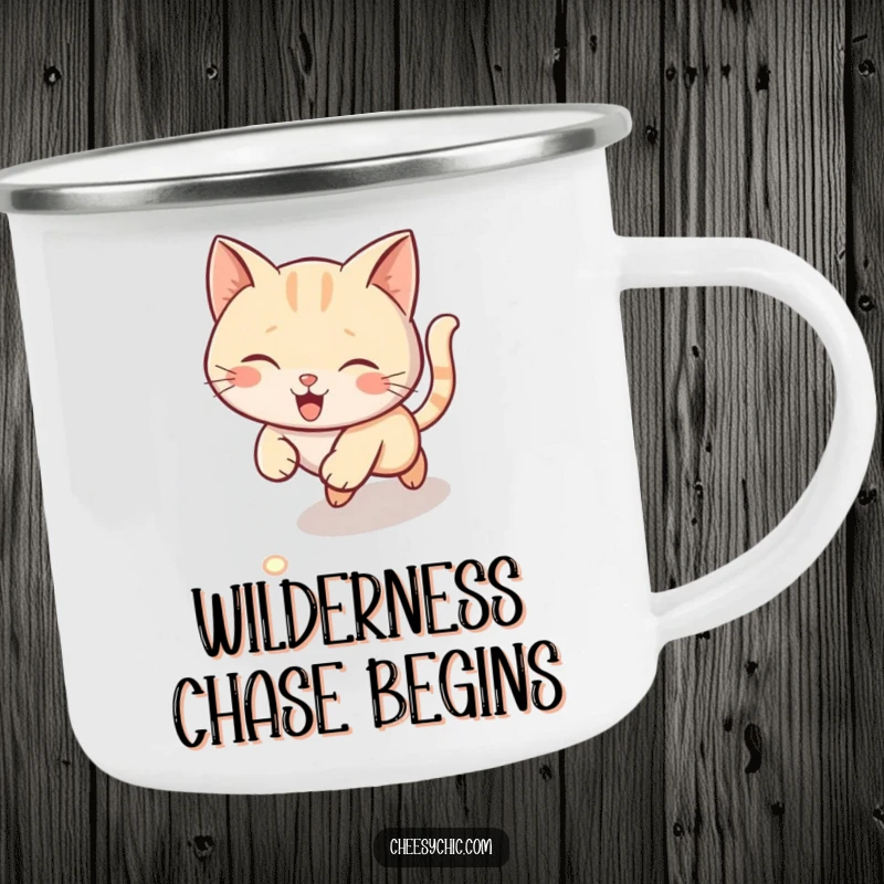 Funny camping mug depicting a cute cat chasing a laser dot on the floor, durable and humorous outdoor gear.