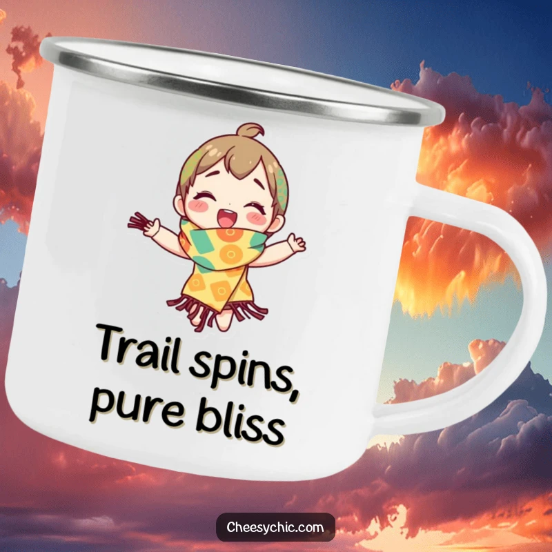 Funny camping mug showing a character spinning with pure delight in a bright, patterned scarf, ideal for outdoor fun.