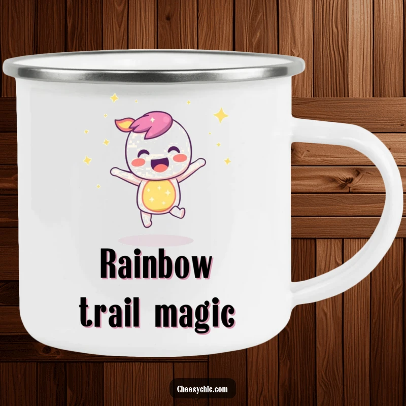 Funny camping mug showcasing a sparkly rainbow character bouncing with infectious joy, perfect for outdoor enthusiasts who love color.