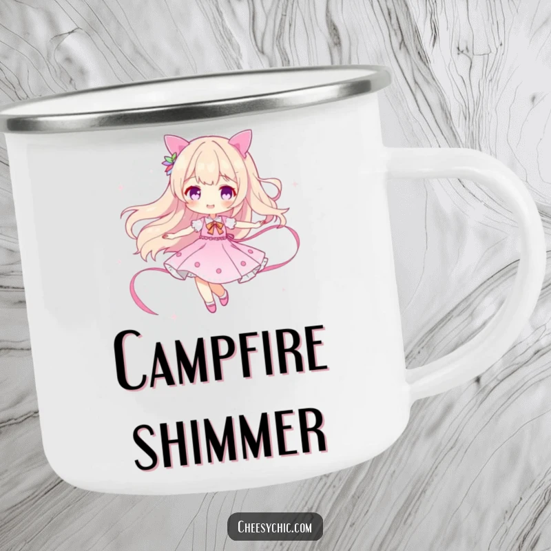 Funny camping mug featuring a character twirling with a trail of sparkle, ideal for outdoor enthusiasts who love charm.